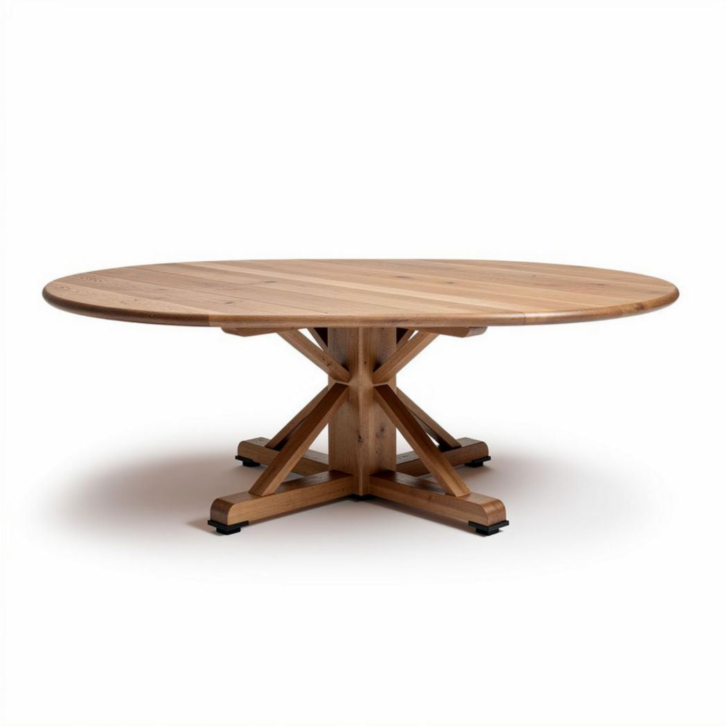 Round wood dining table with sturdy base and natural finish 200 x 200 x 75cm