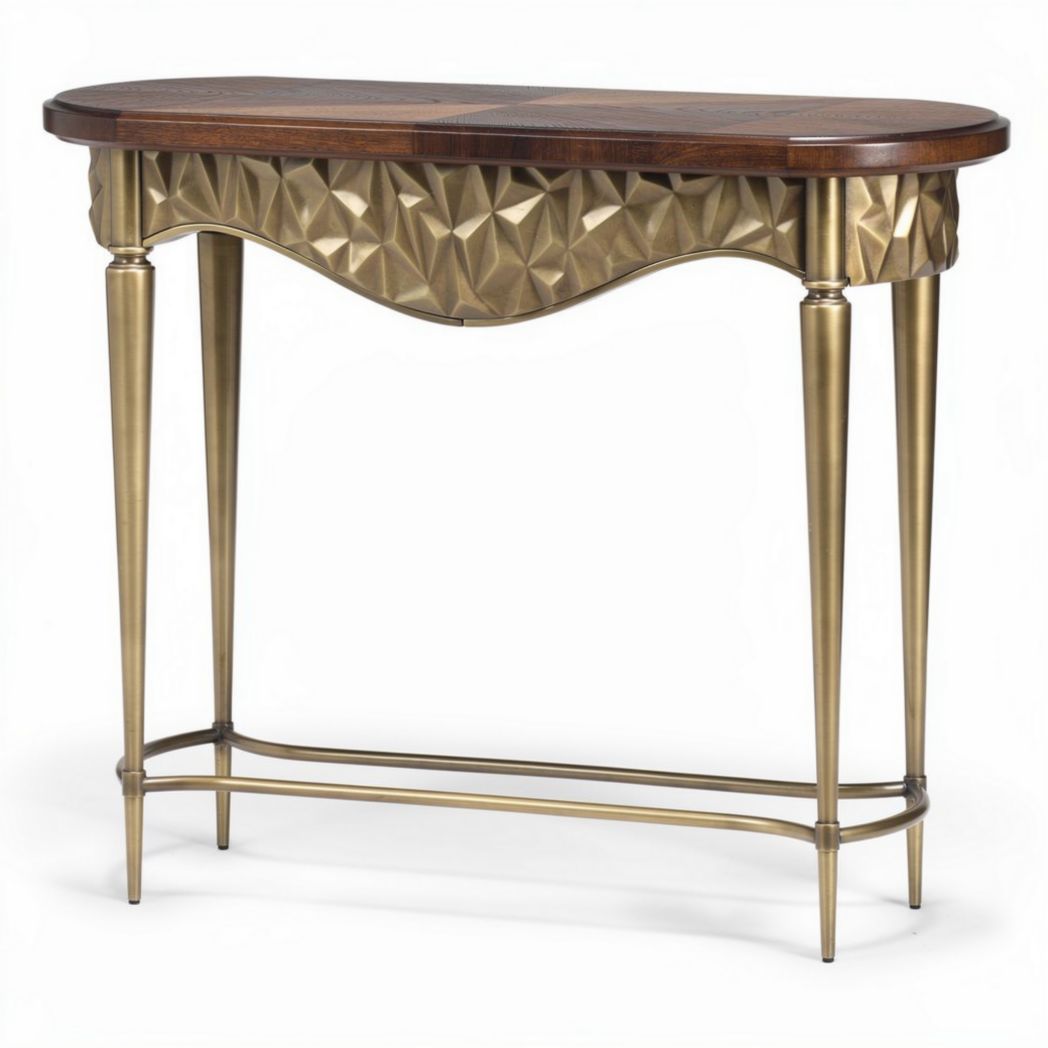 Console table with geometric pattern brass legs and walnut wood top 120 x 40 x 80cm