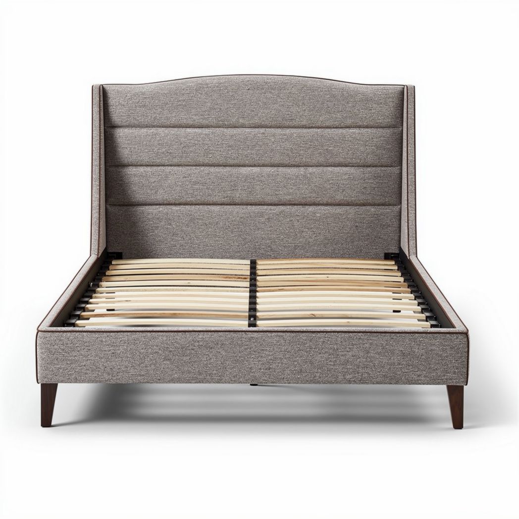 Upholstered bed frame with wooden slats and gray fabric finish 200 x 160 x 100cm