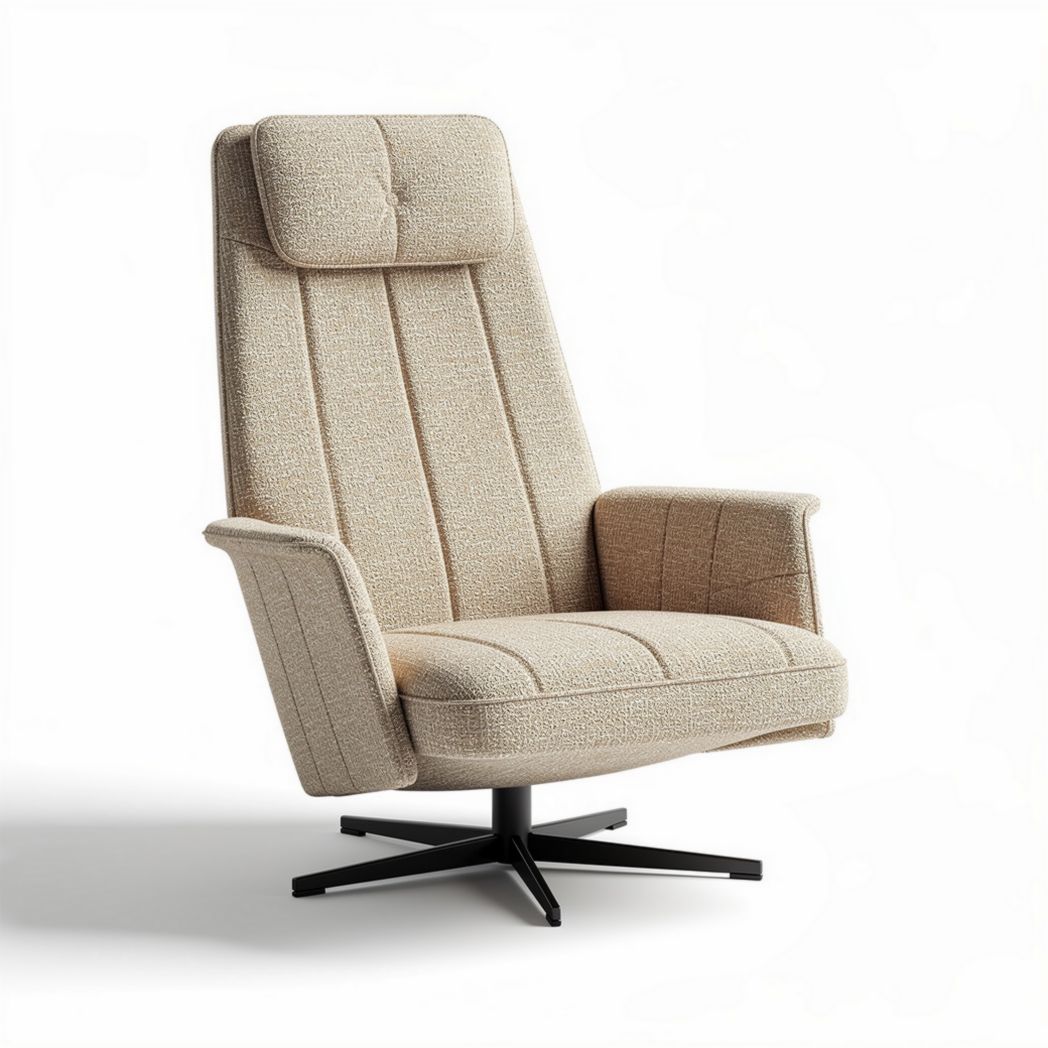 Textured fabric reclining chair with adjustable headrest in cream color
