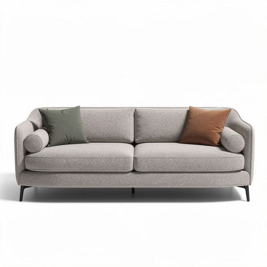Modern fabric sofa in light gray with round armrests and two accent pillows