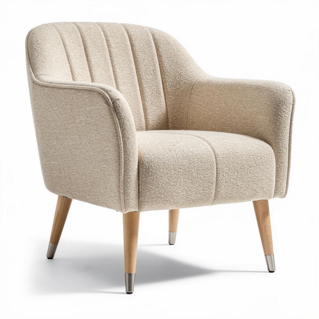 Fabric upholstered accent chair with wood legs in cream color 75 x 80 x 80cm