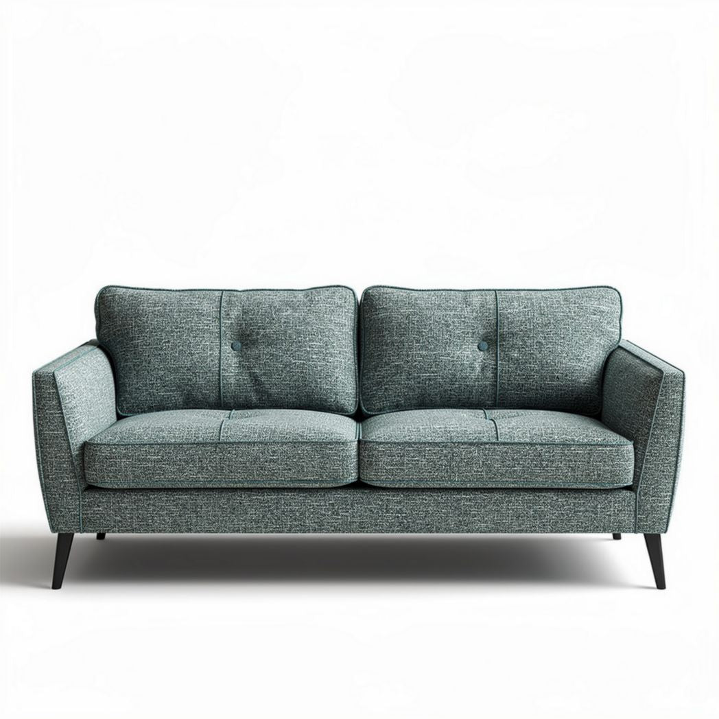 Mid-century modern two-seater sofa in textured blue fabric 175 x 85 x 75cm