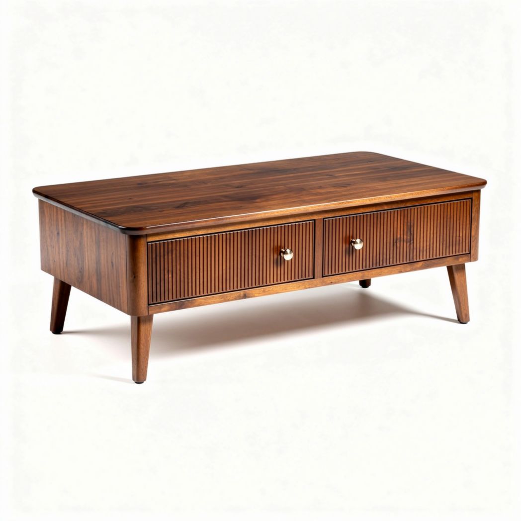 Wooden coffee table with two drawers in walnut finish 120 x 60 x 45cm