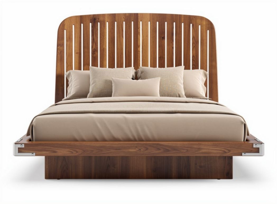 Wooden slatted king size bed frame with beige fabric mattress and cushions